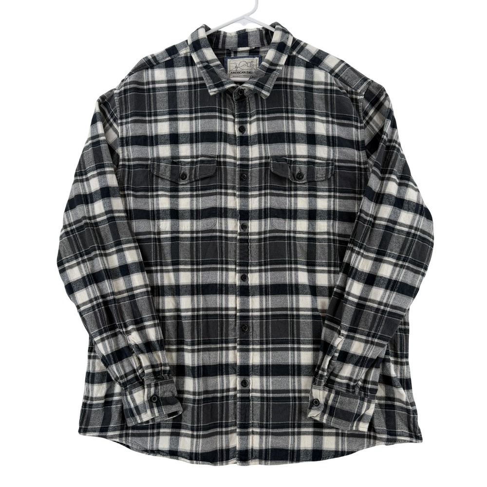 American Eagle Shirt Mens 3XL Gray Plaid Flannel Long Sleeve Button Up Casual